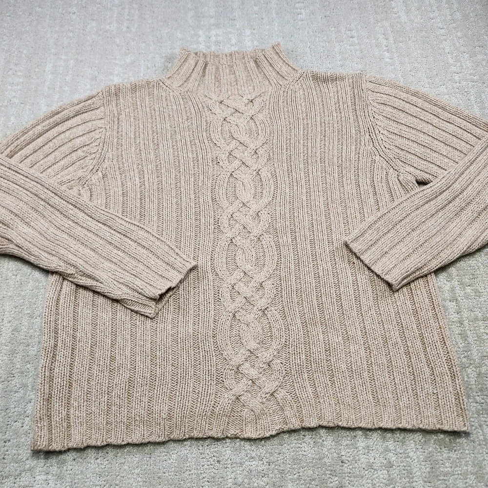 LL Bean‎ Sweater Womens Medium Cable Knit Mock Neck Heavy Cotton Chunky Knit